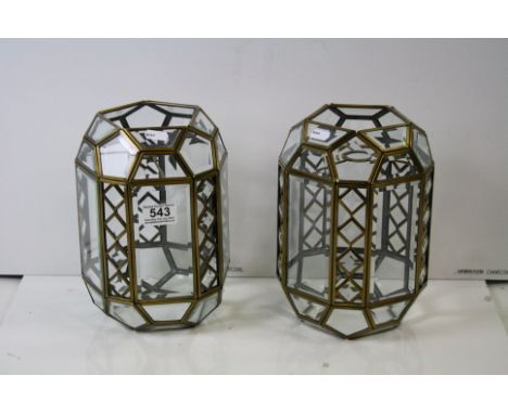 Two gilt metal and bevelled glass ceiling lamp shades. 