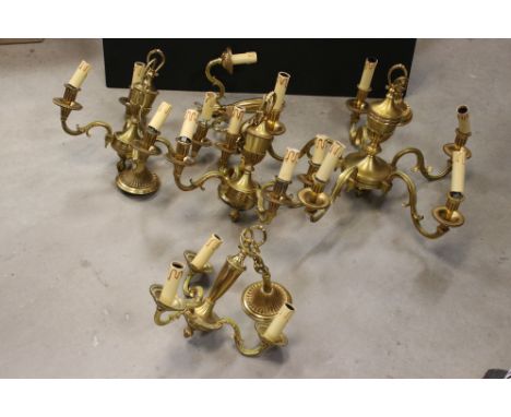 Matching set of Regency style Brass Light Fittings including Five Branch Central Light Fitting, 2 x Four Branch Fittings, Thr