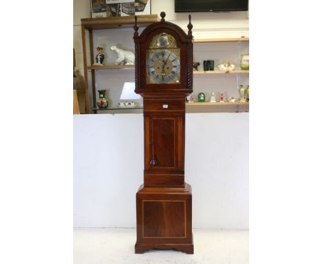 19th century Inlaid Mahogany 8 Day Longcase Clock, the arched brass and silvered face with a roundel marked Tempus Fugit, Rom