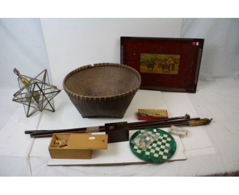 A group of mixed collectables to include a glass hanging ceiling lamp, a chess set and a malachite games board. 