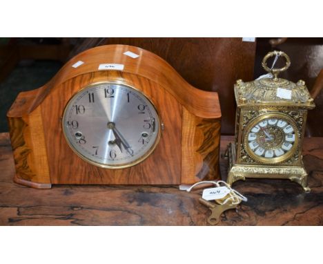 An Art Deco period walnut mantel clock, c.1940; a 19th century style brass mantel clock (2)