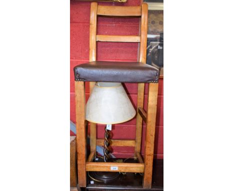 A Vintage 1920's tall bar stool, leatherette seat; an oak barley twist lamp (2) 