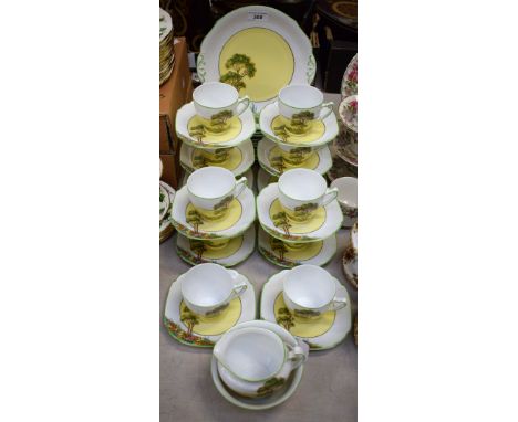 A Victoria China Landscape Garden design pattern part tea set, comprising cups, saucers, side plates, milk jug, sugar bowl, b