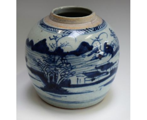 A 19th century blue and white ginger jar, painted in underglaze blue with land and seascape scene, 16cm high