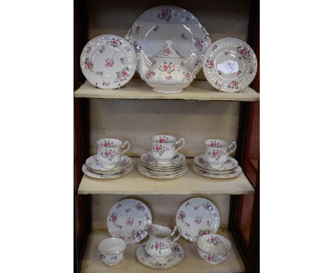 A Paragon Fragrance pattern part tea service, including tea pot, cups, saucers, side plates, bread and butter plate, milk jug