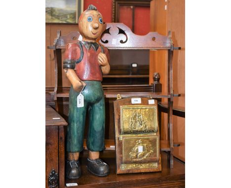 A carved wooden figure of Tin Tin, painted, approx 65cm in height; a 19th century wall hanging shelf; an oak and brass letter