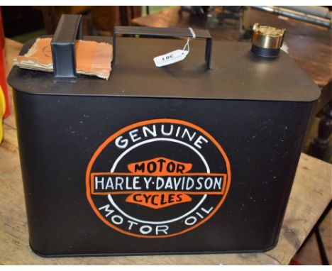 A contemporary oil/petrol display can, in the style of Harley Davidson