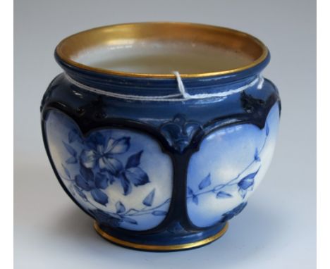 A Hadley's Worcester miniature jardiniere, painted with trailing flowers and foliage in blue on a white ground, 9cm, printed 