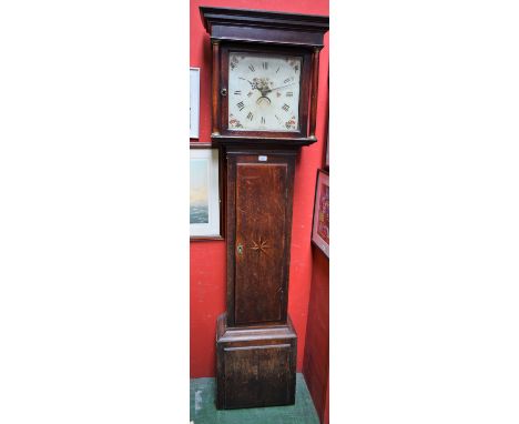 A George III oak longcase clock, 33cm square painted dial inscribed with Roman and subsidiary Arabic numerals, date aperture,