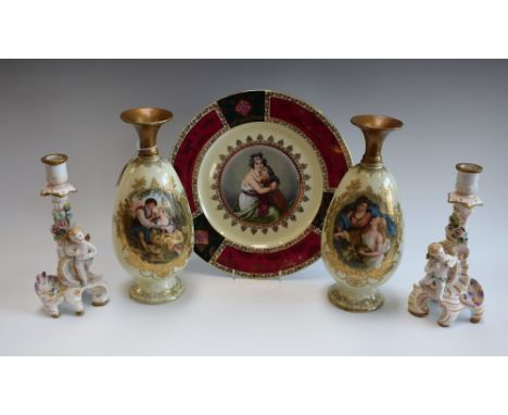 A Karlsbad, Vienna, porcelain plate, Neoclassical portrait panel to centre; pair of Victorian vases, each decorated with Neoc