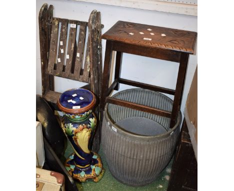 A galvanized dolly tub; a clothes boiler wash bucket; a small carved oak stool; a pair short wooden step ladders; a Majolica 