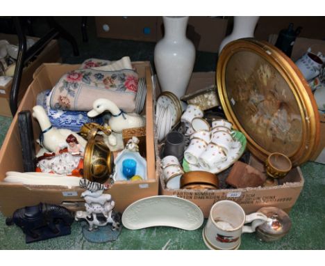 A 19th century silk needlework panel, in oval gilt frame; a blue and white lidded tureen; a Staffordshire flatback, as a recl