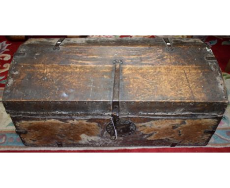An 18th century studded pony skin domed travelling trunk, 100cm wide
