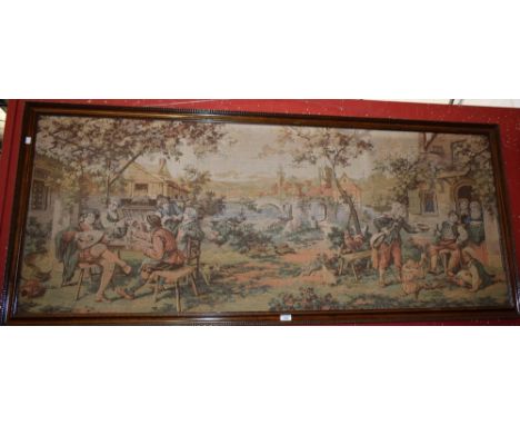 A 19th century French tapestry, rural scene depicting musicians playing outside the village inn, mahogany frame, 180.5cm x 78