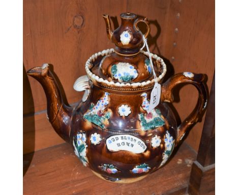 A Victorian Barge Ware teapot, God Bless Our Home, approx 30cm high over finial