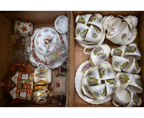 A Royal Vale part tea set, decorated with a thatched cottage and flowers, comprising cups, saucers, side plates and bread and