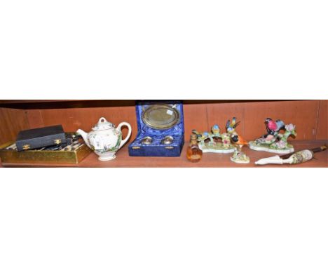 A German novelty porcelain pipe; a Royal Worcester aesthetic movement teapot; three Royal Adderley bird groups, Blue Tits, Bu