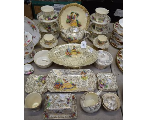 An Empire Golden Chintz pattern tea service, for six, comprising baluster teapot, cups, saucers, milk jug, sugar bowl, bread 