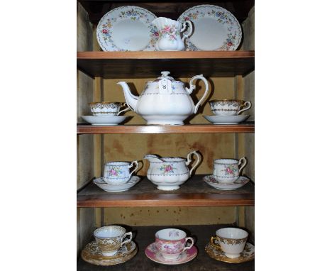A Royal Albert Petit Point China pattern duet set, teapot, cups, saucers and milk jug; a pair of Portrait Series cups and sau