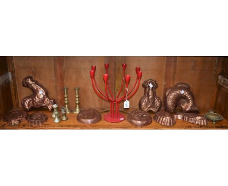 Kitchenalia and Metalware - a novelty jelly mould, as a leaping fish; others, crayfish, shell, etc; an eight branch candelabr