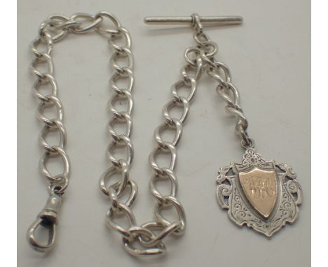 Hallmarked silver watch chain with T bar and fob 76g