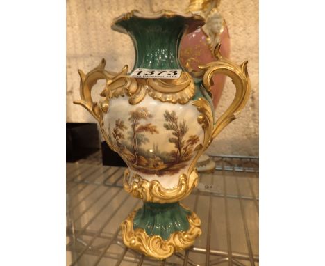 Twin handled Royal Worcester green ground vase decorated with hand painted village and floral panels cream glaze with gilt hi