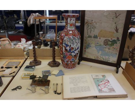 A mixed lot to include a fire screen, 'The Bristol and Bath regional planning scheme', scales, a large vase, candlesticks etc