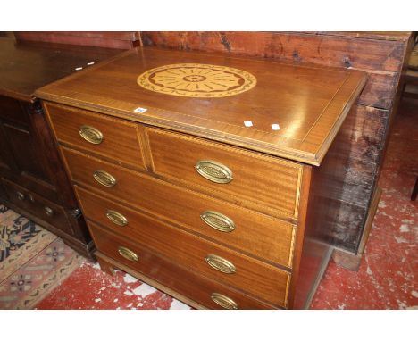 A George III style mahogany and crossbanded chest with two short and three long drawers on bracket feet 92cm high, 94cm wide 