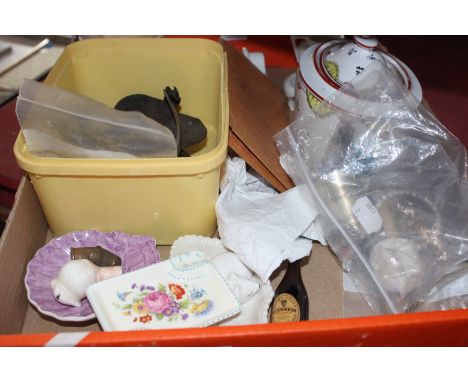 A  mixed lot to include a 19th Century Spode lidded pot, a small quantity of costume jewellery, Monopoly counters, a miniatur