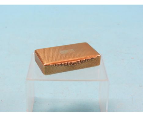 A 9ct. engine-turned gold box, London 1927, rectangular-shape with floral cast clip, 68 grams SEE ILLUSTRATION