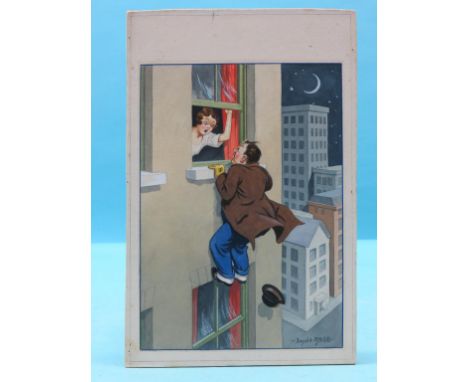 •Donald McGill - "This is my storey, and I'm going to stick to it", original postcard design in watercolour, signed, inscribe