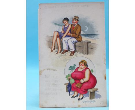 •Donald McGill - "I haven't brought my wife...", original postcard design in watercolour, signed, inscribed verso, pencil cap
