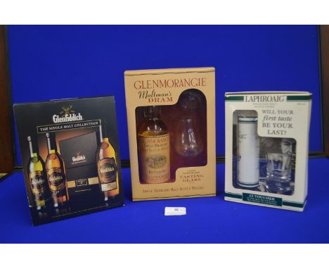 Three Single Malt Scotch Whisky Giftsets Including Glenmorangie, Glenfiddich, and Labhroaig