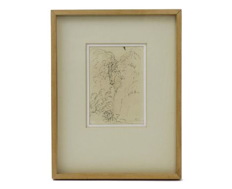 ‡ Bernard Leach (1887-1979) Waterfall between two Hills, pen and ink over pencil, framed signed with BL ink monogram lower ri