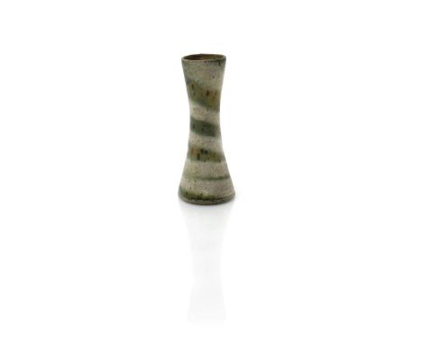 ‡ Dame Lucie Rie DBE (1902-1995) a stoneware solifleur vase, waisted cylindrical form glazed to the foot with green, sand and