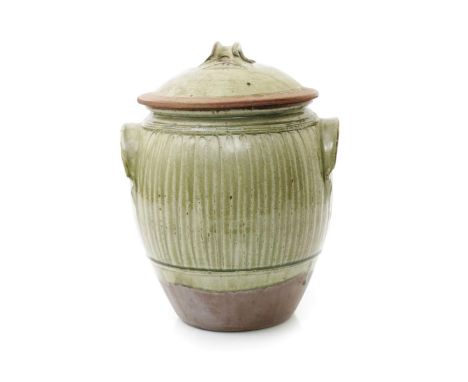 ‡ Richard Batterham (born 1936) a large stoneware crock jar and cover, with twin lug handles, incised vertical decoration, co