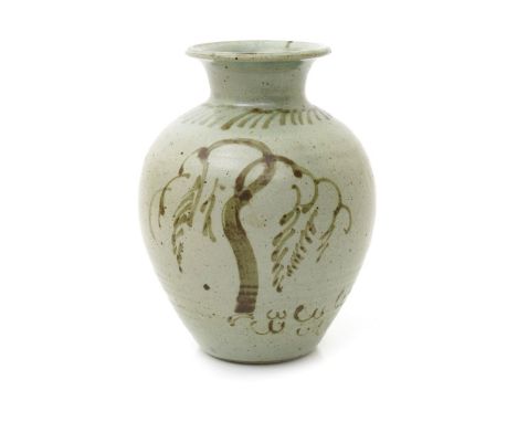 ‡ Henry Hammond (1914-1989) a stoneware vase, shouldered form with flaring collar rim, covered to the foot with a celadon gla