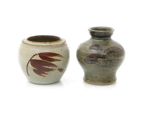 ‡ Henry Hammond (1914-1989) a stoneware vase, shouldered form with everted rim, covered in a speckled ash glaze, painted with