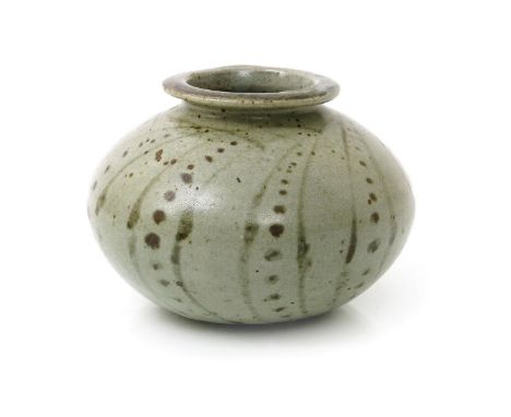 ‡ Henry Hammond (1914-1989) a small stoneware vase, compressed ovoid form with collar rim, covered to the foot in an ash glaz