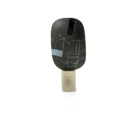 ‡ John Maltby (born 1936) a stoneware sculptural form, flat disc  with side aperture, mounted on Portland stone plinth, the b