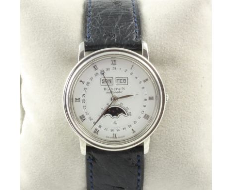 Armbanduhr, Edelstahl, BlancPain, Villeret, Mondphasenkalender, Datum, Wochentag und Monat, Dm 3,3 ohne Krone, Ref. 6595-1127
