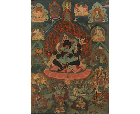 Thangka, Gouache auf Stoff, 72 x 52, unter Passepartout und Glas gerahmt, Tibet