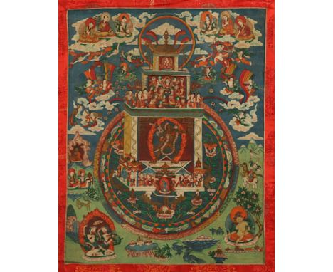 Thangka der Vajrayogini und das Reine Land von Khechara, Gouache und Gold auf Stoff, 55 x 44, traditionell montiert, Tibet 