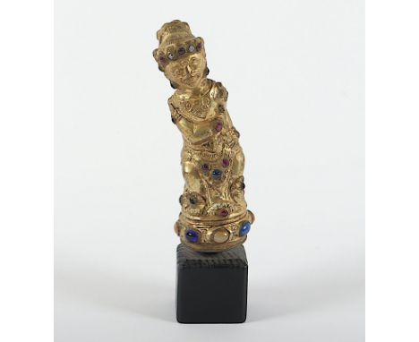 Griff eines Kris, belegt mit Goldblech und mugeligen Steinen vom Typ Baju mit Blume, H 15, Indonesien, Bali, 19.Jh. 