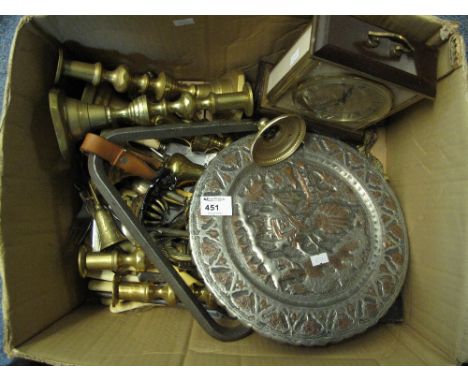Box of assorted metalware to include: brass candlesticks; loose plated cutlery; modern mantel clock etc.