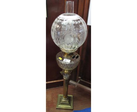 Late 19th Century brass double burner oil lamp having thumb cut glass reservoir on a brass Corinthian column with stepped squ