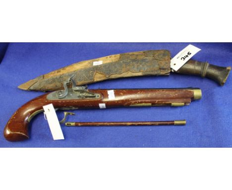 Nepalese Kukri in wooden, leather covered scabbard together with a reproduction flint lock pistol. (2)
