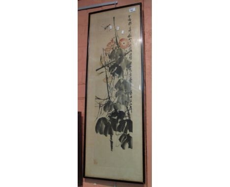 Japanese School, coloured print with text and seal mark, insect amongst foliage.  Framed and glazed.