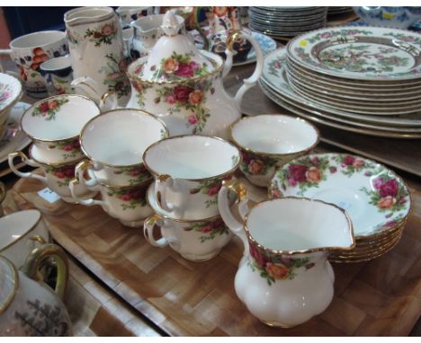 Tray of Royal Albert Old Country Roses bone china teaware items comprising: six tea cups and saucers; milk jug; sucrier and t