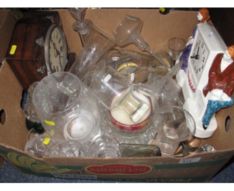 Tray of assorted items to include: two train mantel clock; china figural battery operated mantel clock; various drinking glas